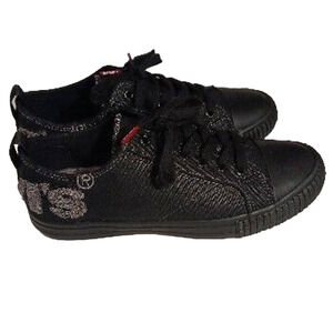 Levi's Womens BLACK Sneakers Sz 8.5 Low Top FAUX LEATHER Embroidered Spell out